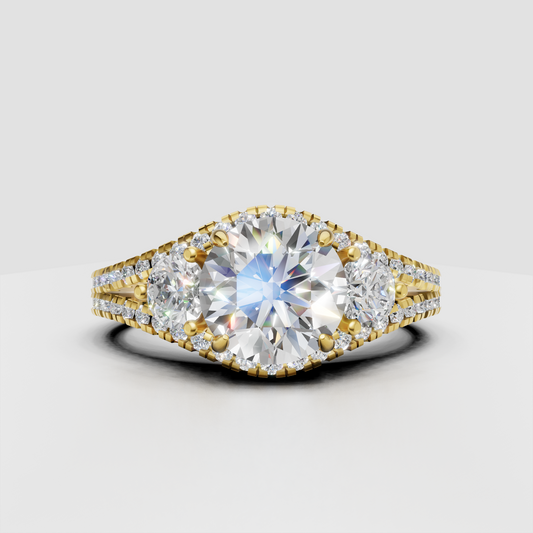 Round cut diamond three stone engagement ring in yellow gold