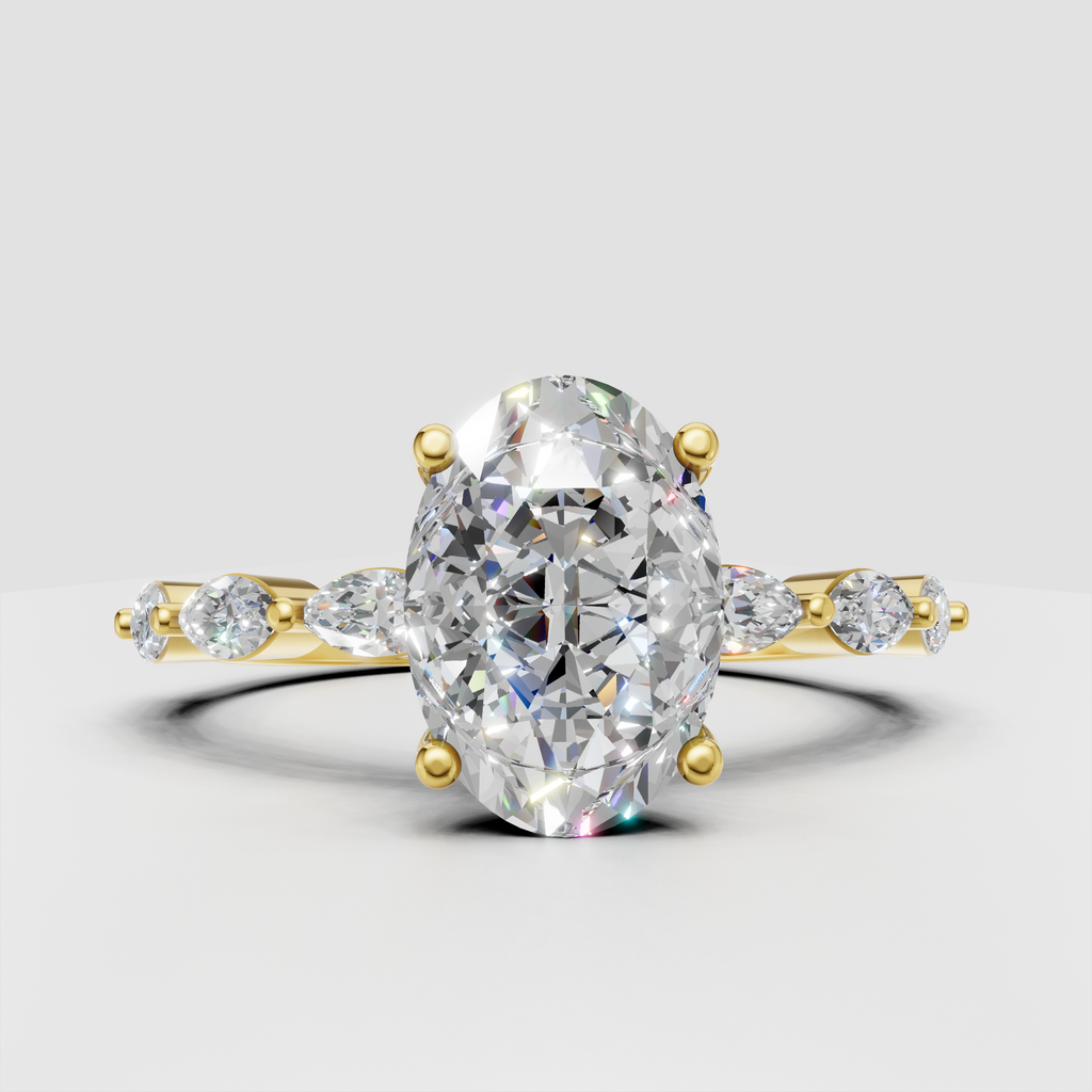 Oval diamond split shank engagement ring in polished yellow gold