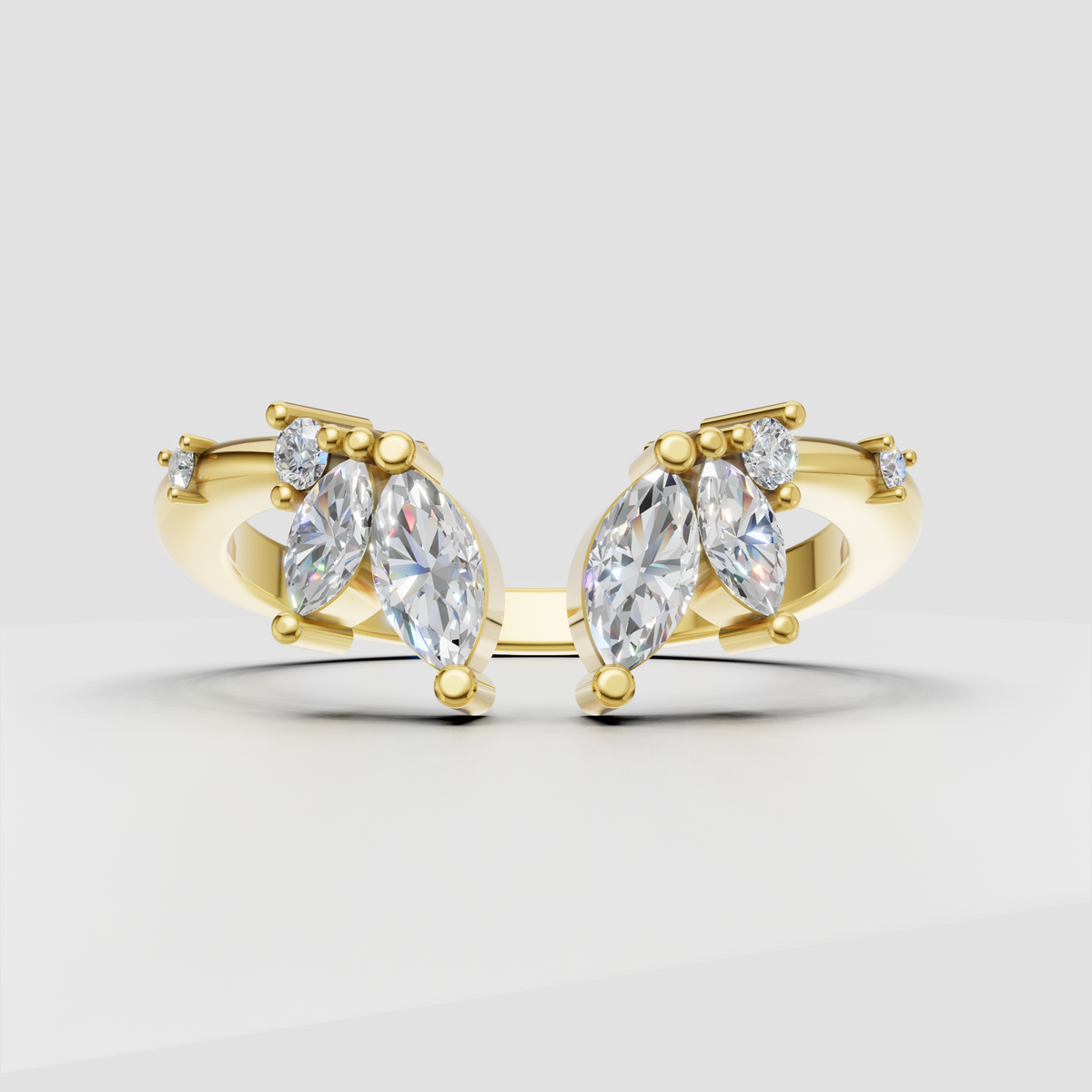 Marquise and round cut diamond open gap band with prong setting