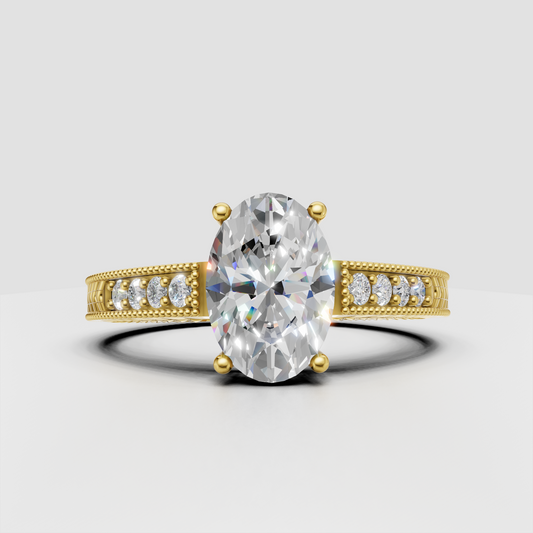 Oval diamond vintage engagement ring with four-prong setting and milgrain band