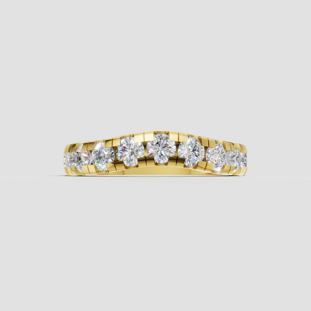 Round diamond curved wedding band in polished yellow gold