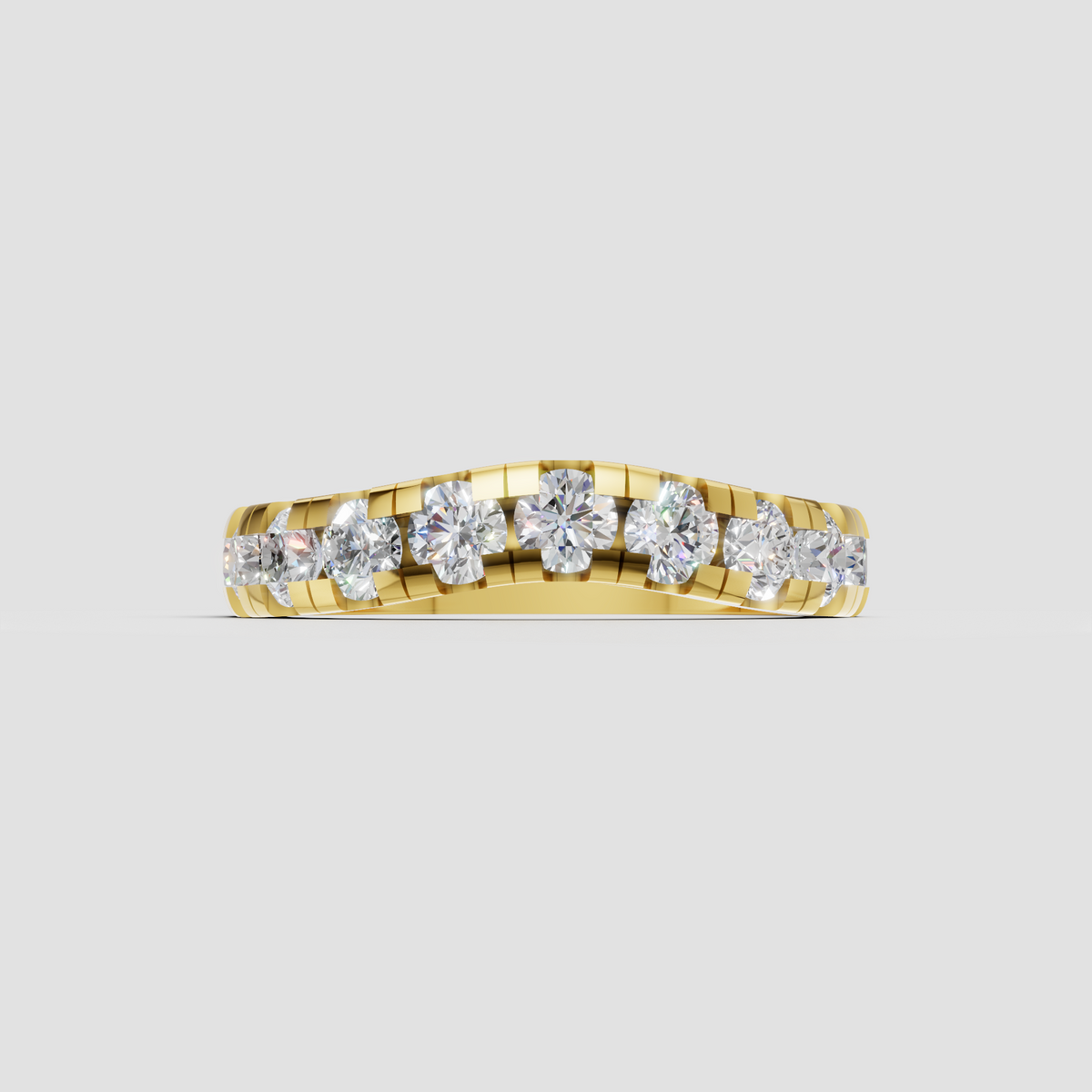 Round diamond curved wedding band in polished yellow gold