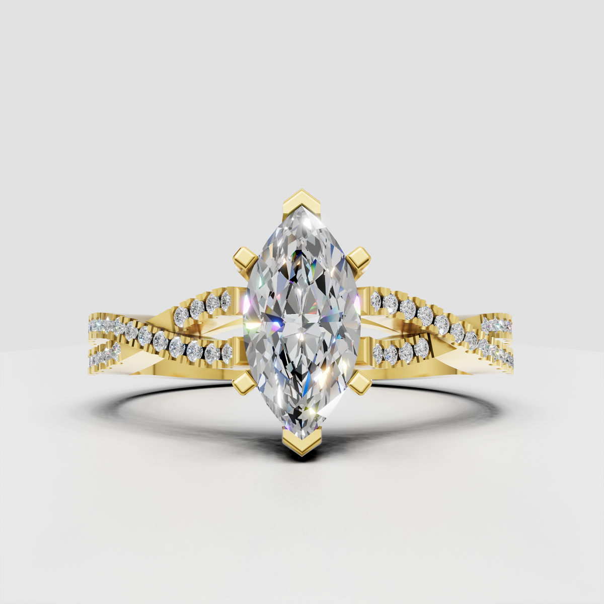Marquise diamond cathedral split shank engagement ring in polished yellow gold