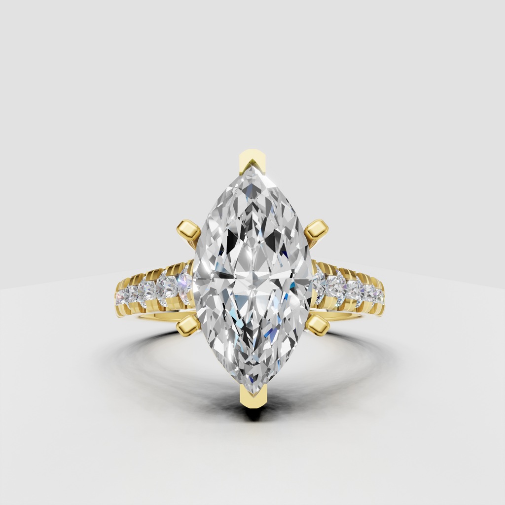 Marquise cut diamond cathedral engagement ring in polished yellow gold with pavé shoulders