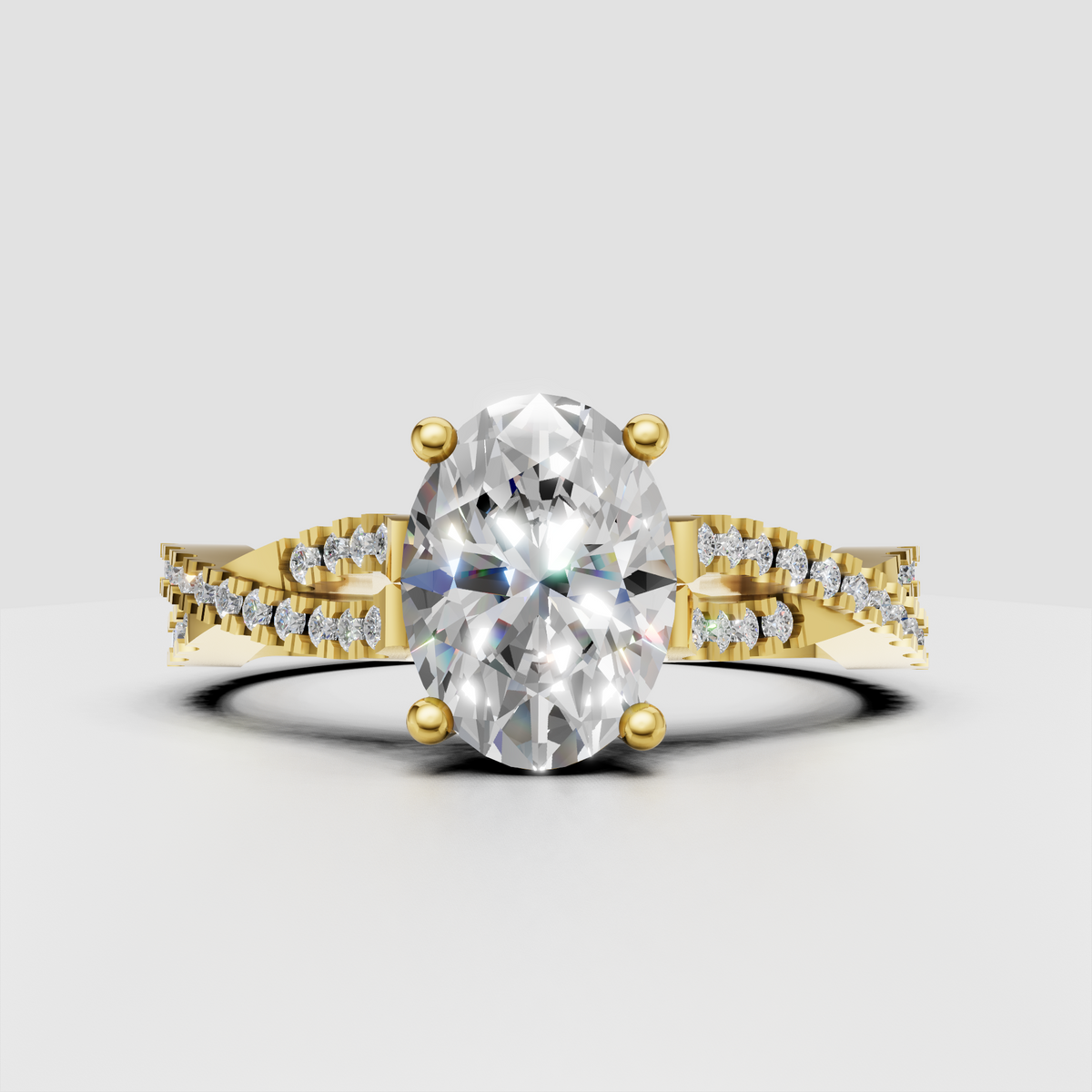 Oval cut diamond engagement ring with pavé split shank