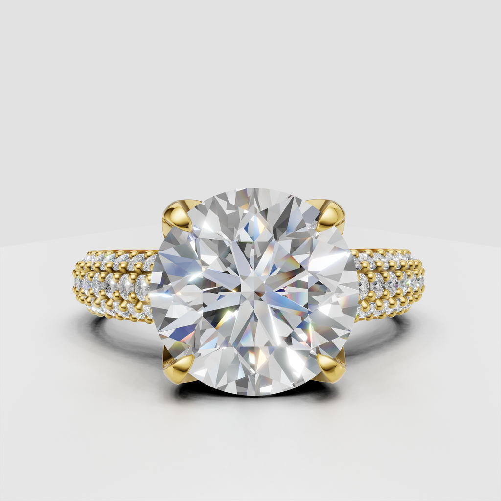 Round cut diamond vintage style engagement ring with pavé band in yellow gold