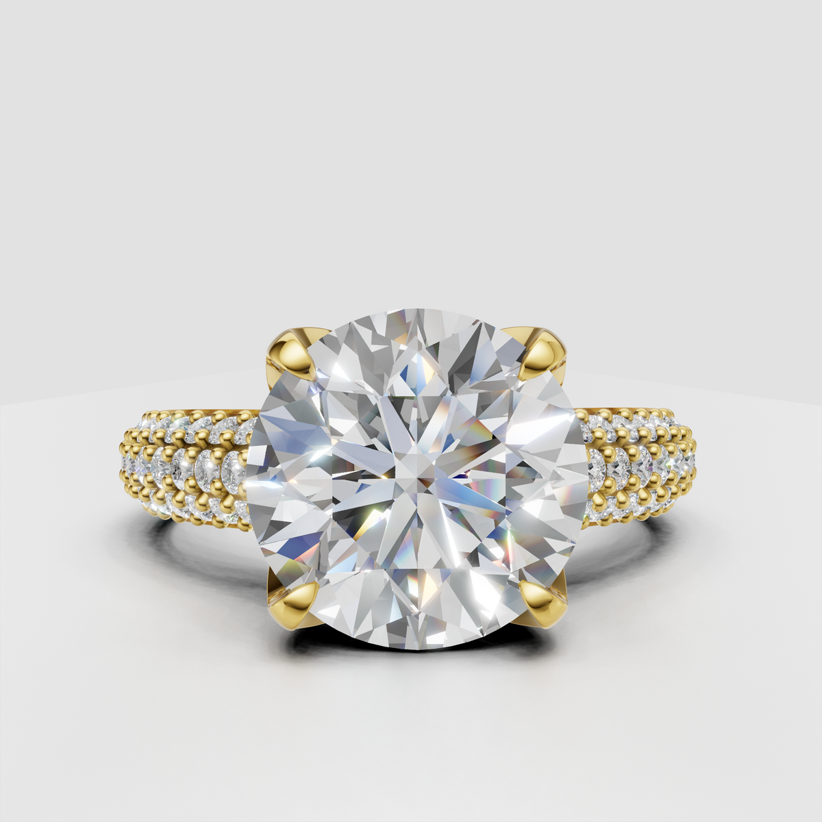 Round cut diamond vintage style engagement ring with pavé band in yellow gold