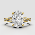 Oval Diamond four-prong cathedral engagement ring in polished yellow gold