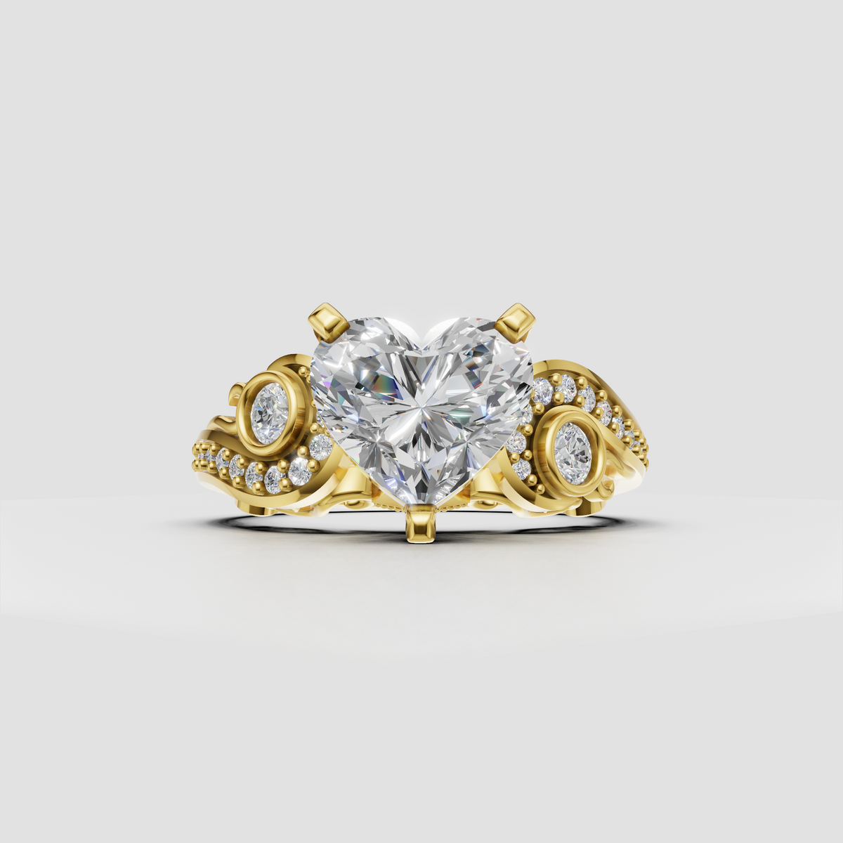 Heart cut diamond engagement ring in polished yellow gold with vintage filigree