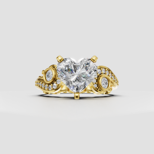 Heart cut diamond engagement ring in polished yellow gold with vintage filigree