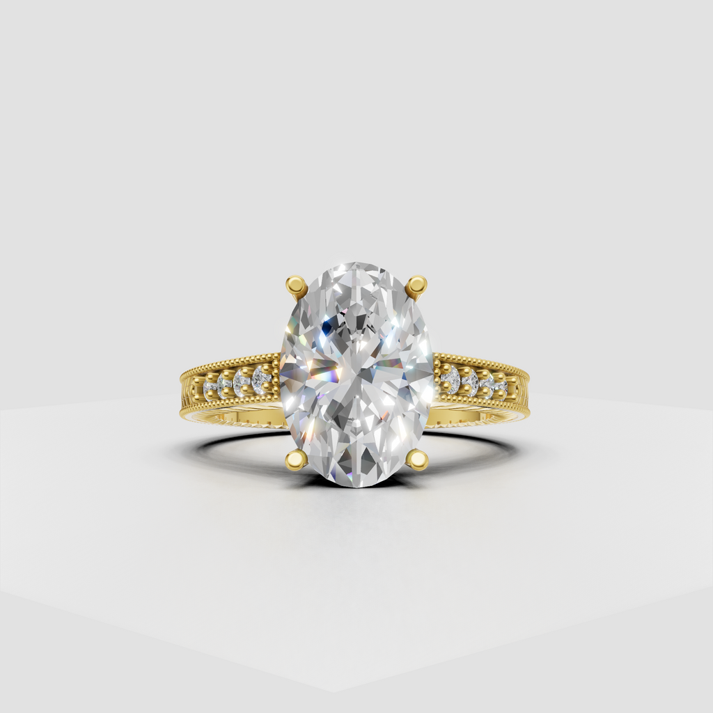 Oval diamond pavé vintage style engagement ring in yellow gold