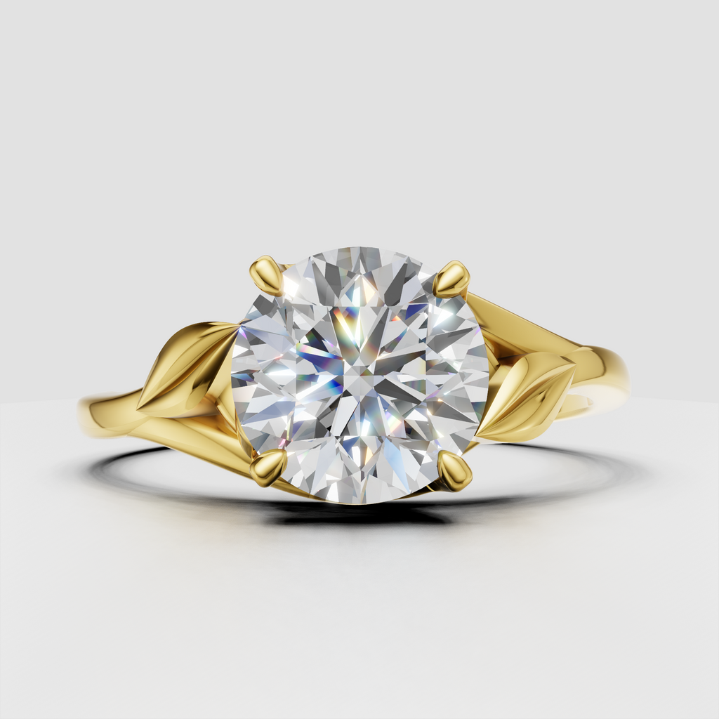 Round cut diamond solitaire engagement ring with leaf inspired split shank band