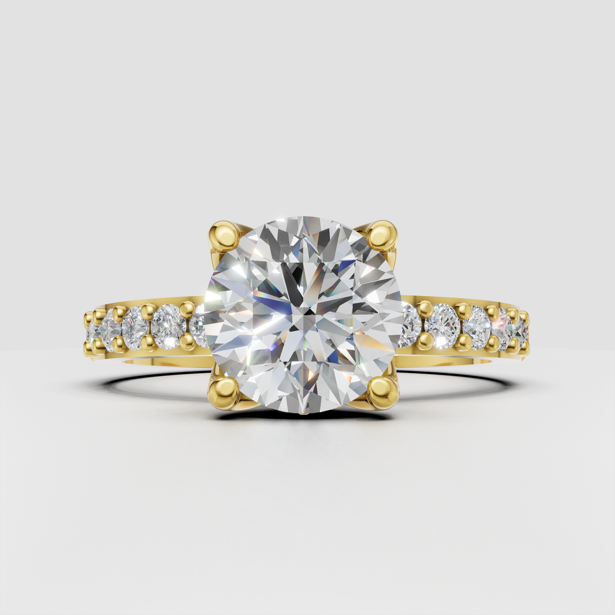Round diamond floral halo engagement ring in polished yellow gold