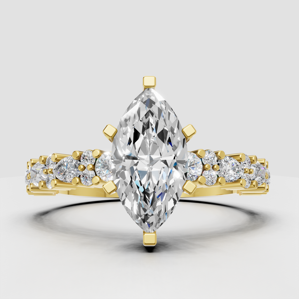 Marquise Diamond cathedral engagement ring with side stones in polished yellow gold
