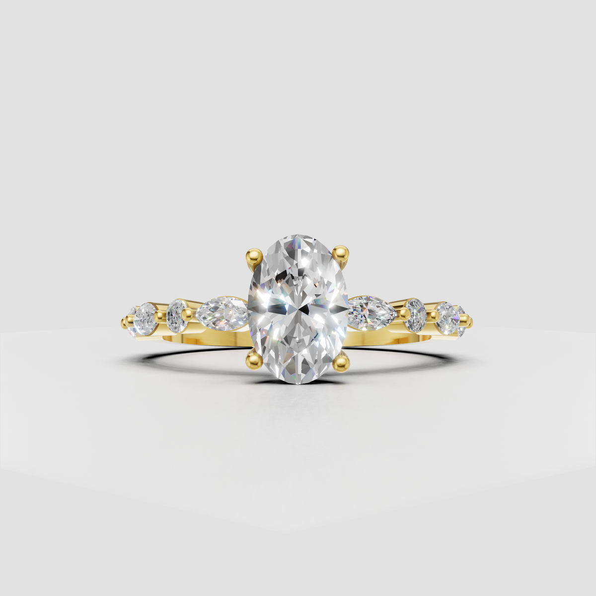 Oval cut diamond solitaire ring with accent diamonds in yellow gold