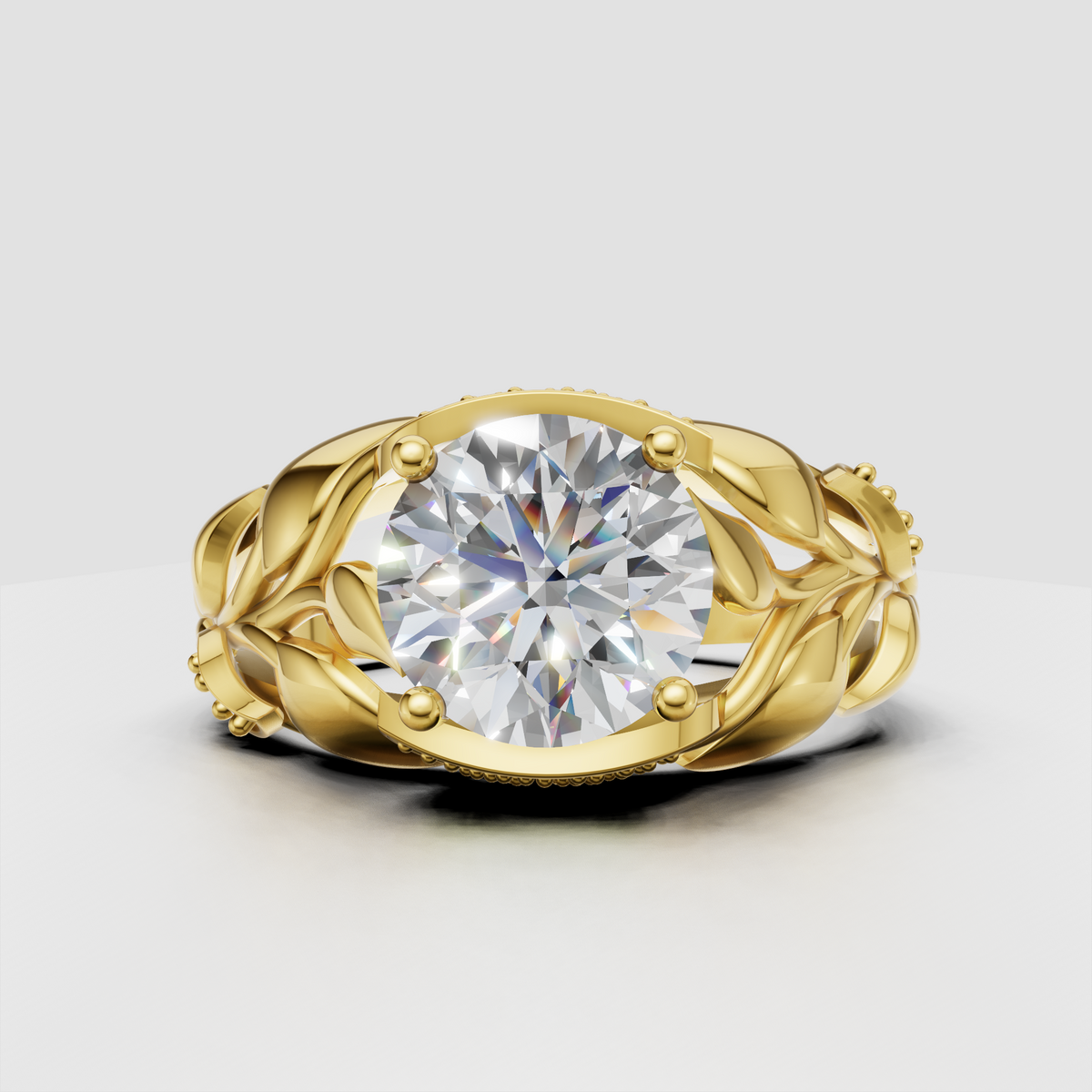 Round cut diamond botanical vine engagement ring with prong setting
