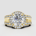 Round cut diamond halo engagement ring with split shank pave band