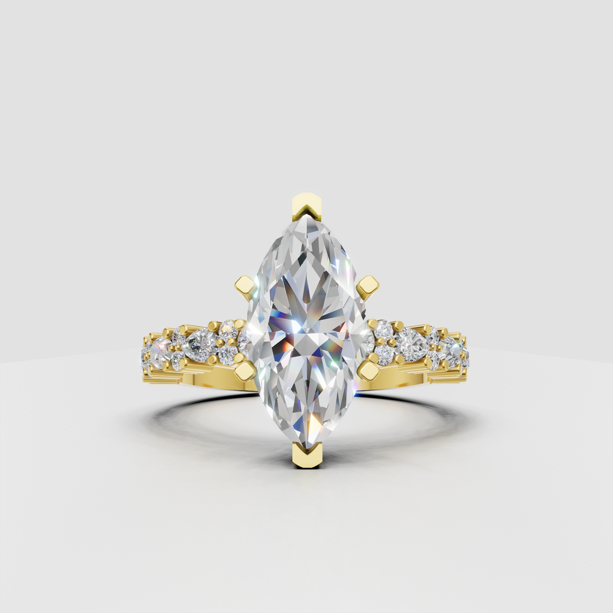 Marquise cut diamond solitaire with accent yellow gold engagement ring front view