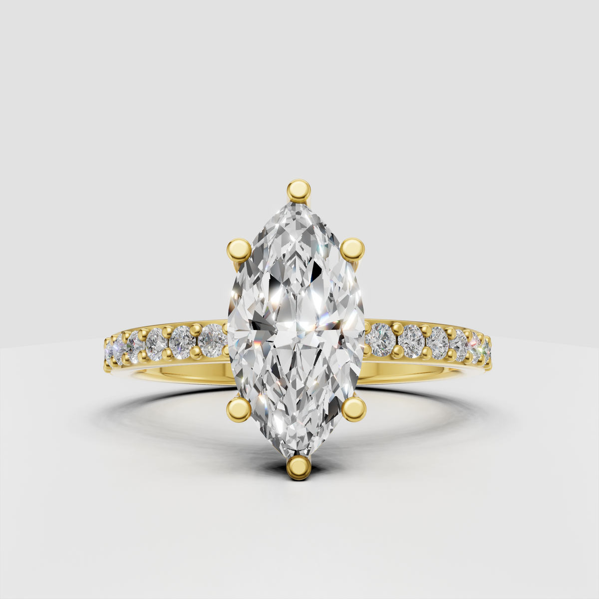 Marquise diamond engagement ring with prong setting and pave band