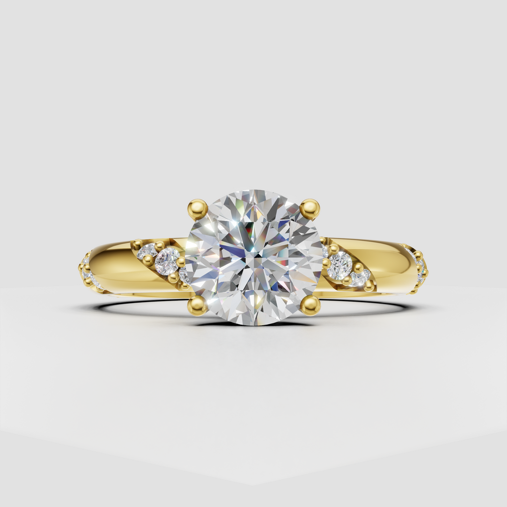 Round diamond cathedral pavé engagement ring in yellow gold