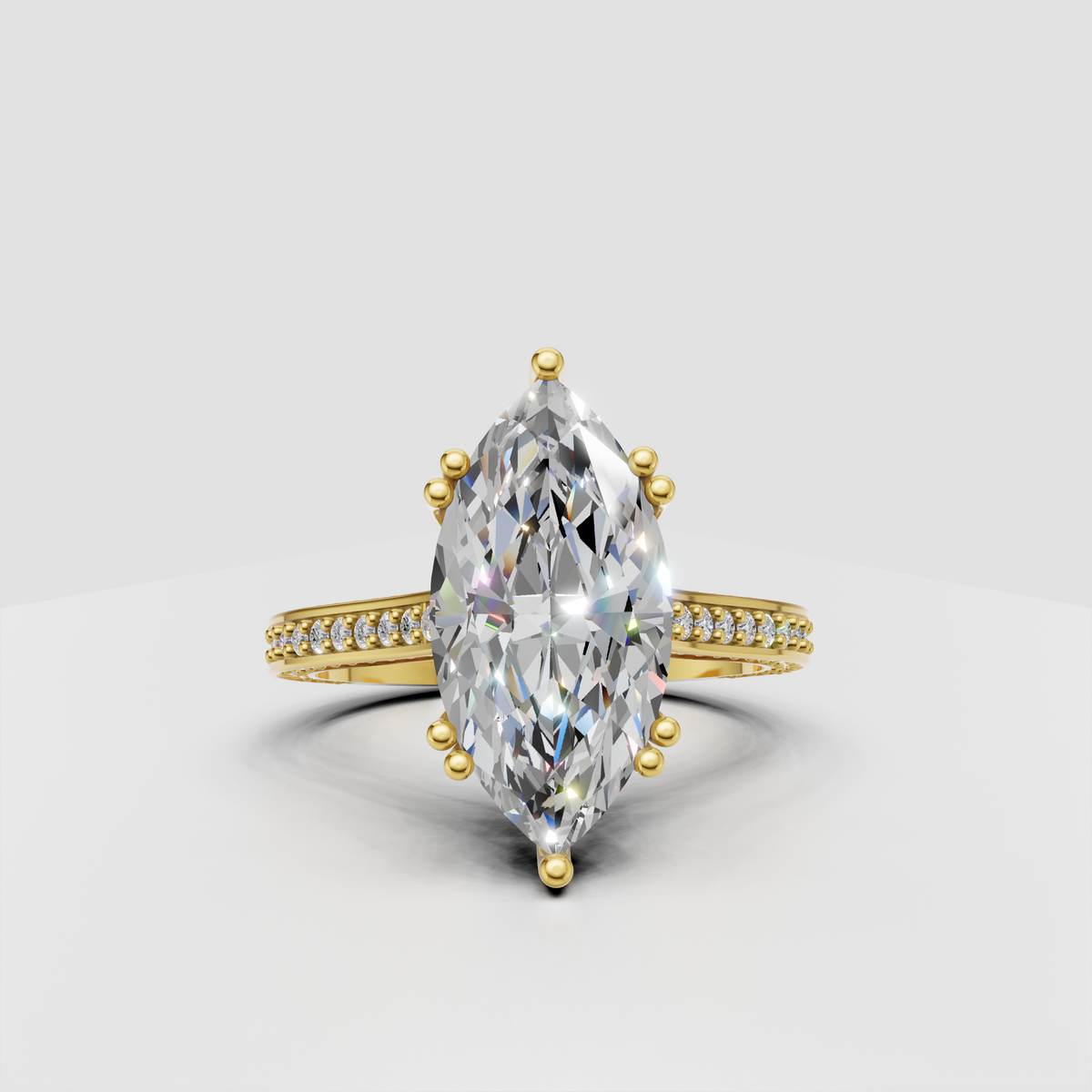 Marquise Diamond split-shank pave engagement ring in polished yellow gold