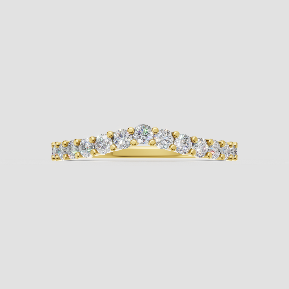 Round diamond shared prong curved eternity band in polished yellow gold