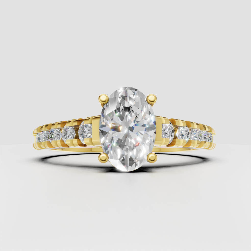 Oval diamond four-prong engagement ring in polished yellow gold