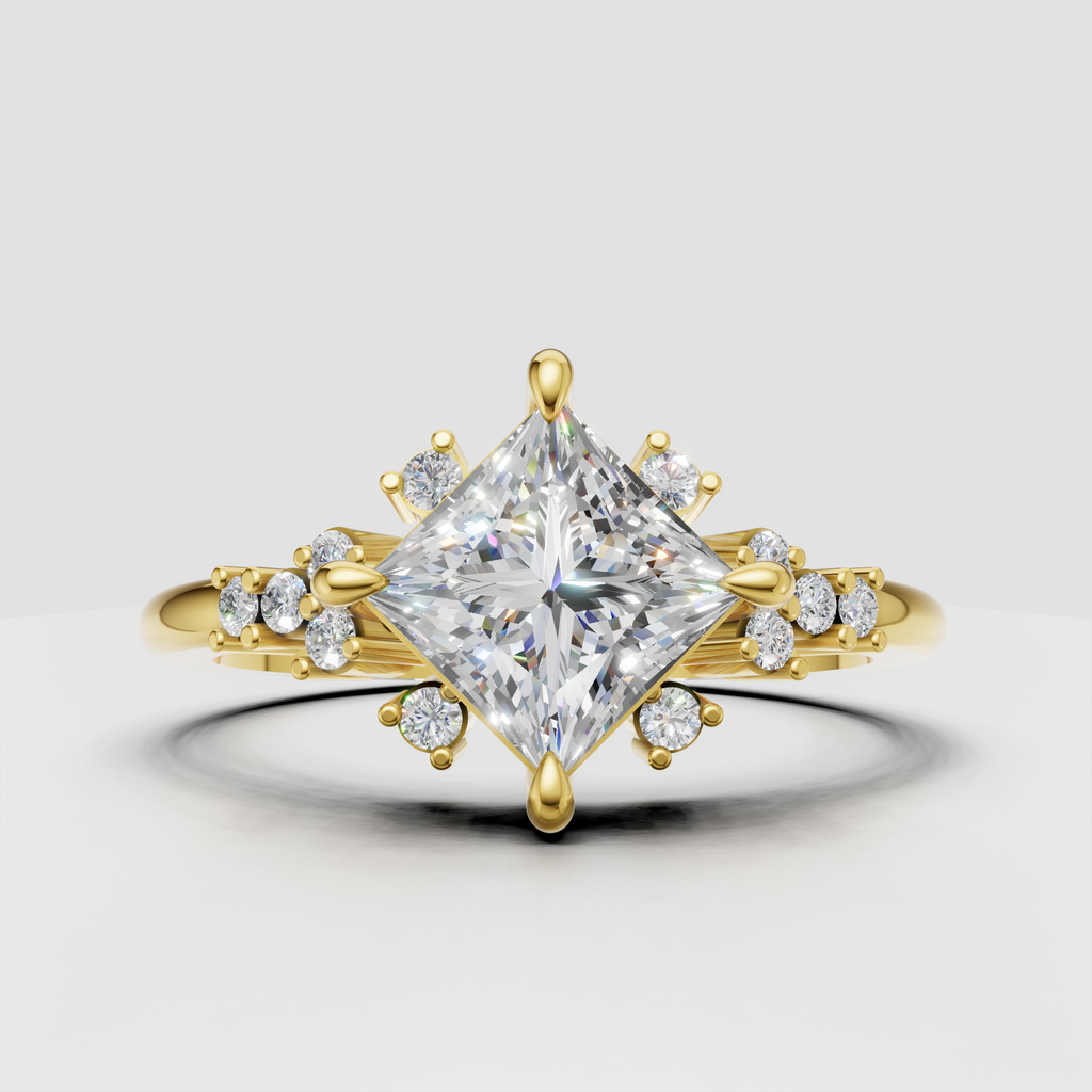 Princess cut diamond cathedral floral engagement ring in yellow gold