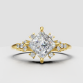 Princess cut diamond cathedral floral engagement ring in yellow gold