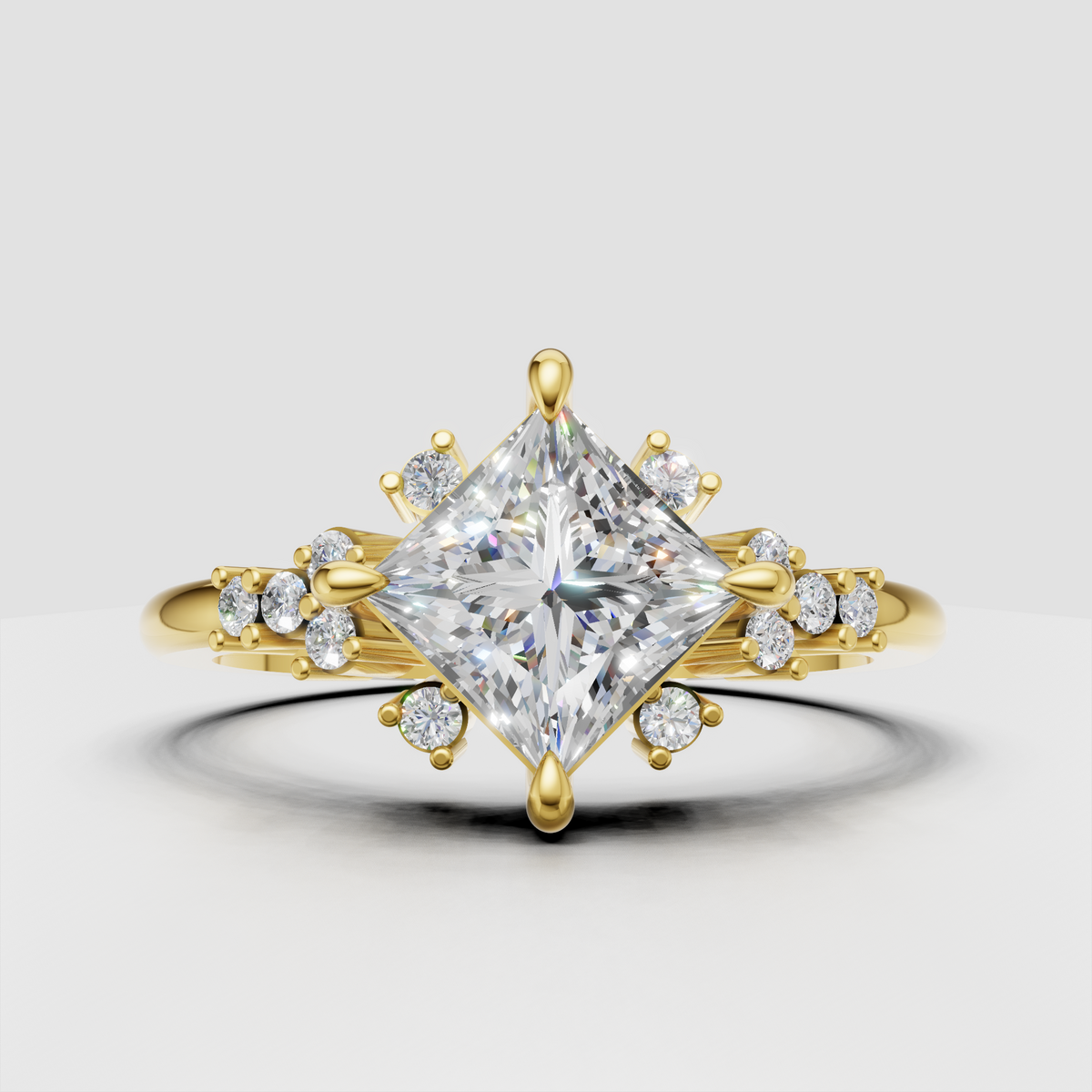 Princess cut diamond cathedral floral engagement ring in yellow gold