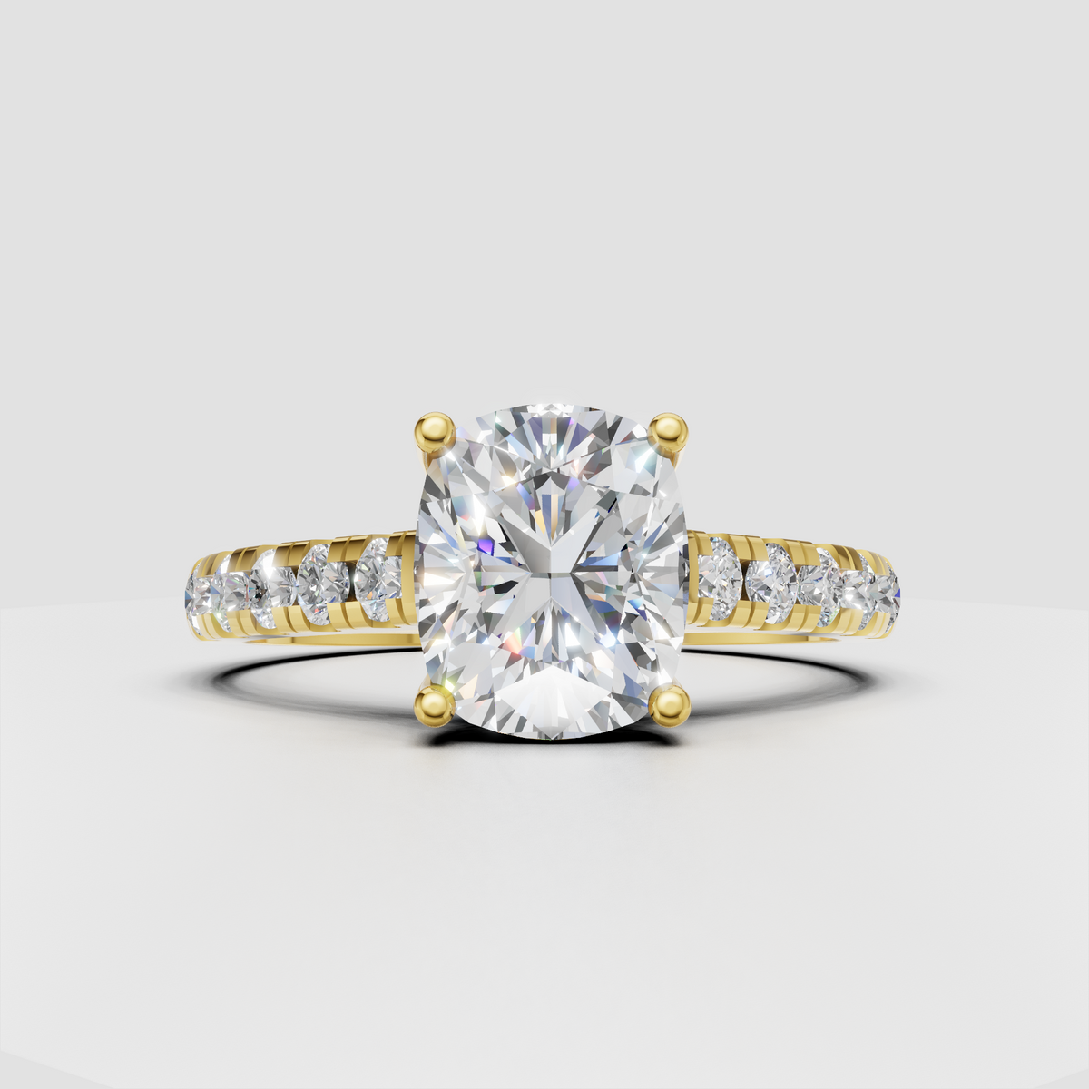 Side view of cushion diamond engagement ring in yellow gold