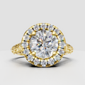 Round diamond halo filigree engagement ring with pave band