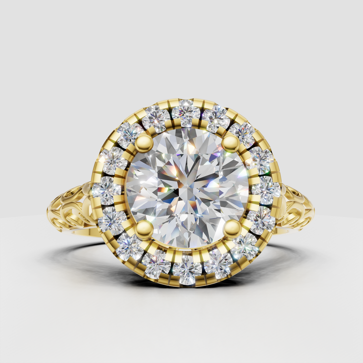 Round diamond halo filigree engagement ring with pave band