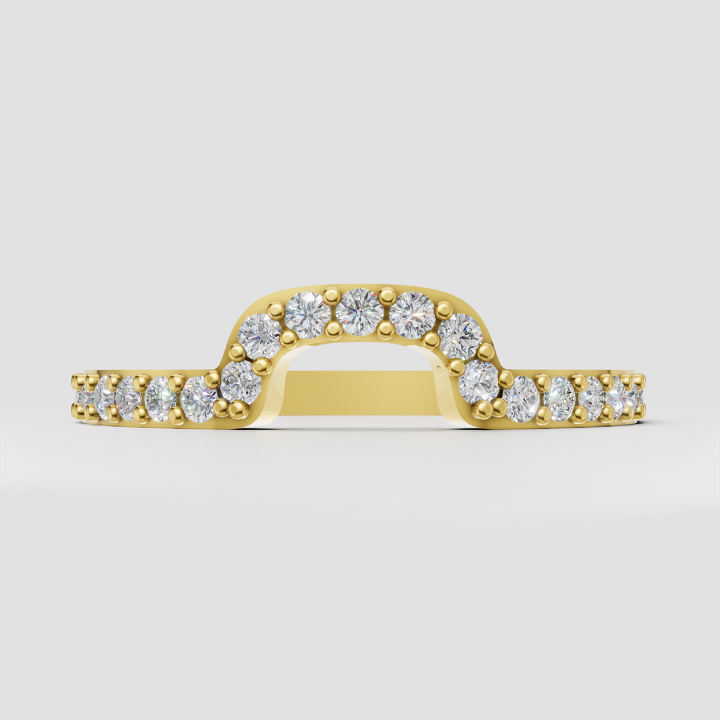 Round diamond shared-prong arched engagement ring in polished yellow gold