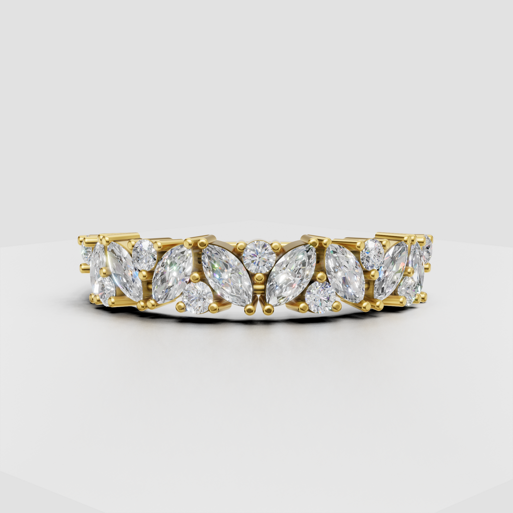 Marquise and round cut diamond eternity band in yellow gold