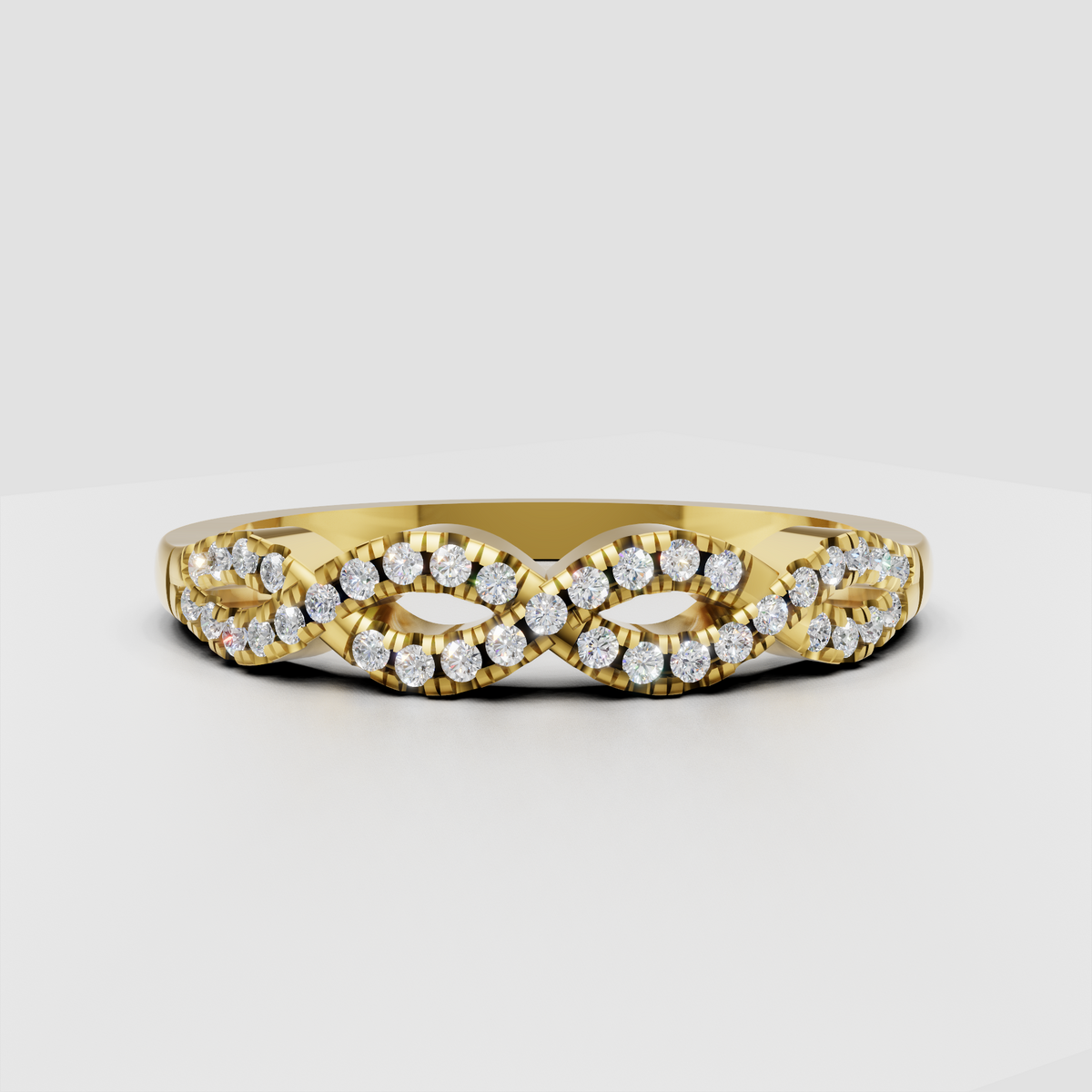 Round cut diamond infinity twist wedding band in yellow gold
