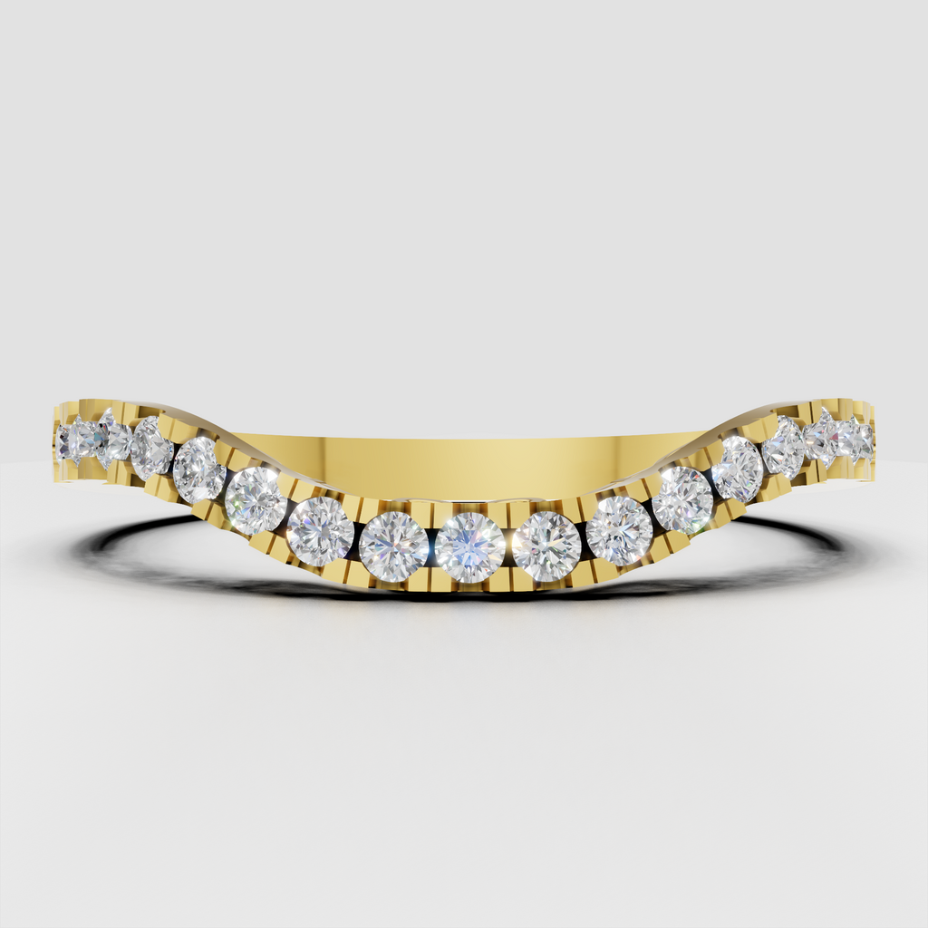 Round diamond scalloped filigree half eternity band ring in polished yellow gold