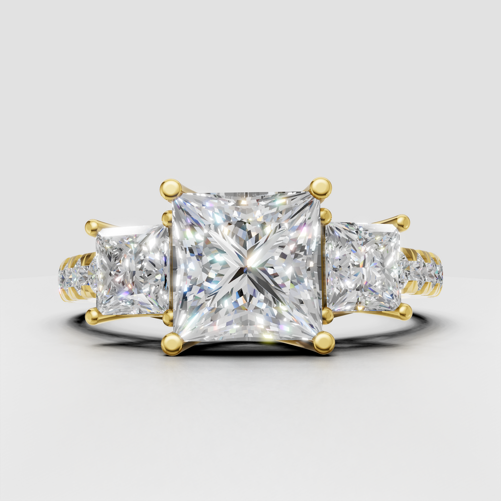 Princess cut diamond three stone engagement ring with pave band