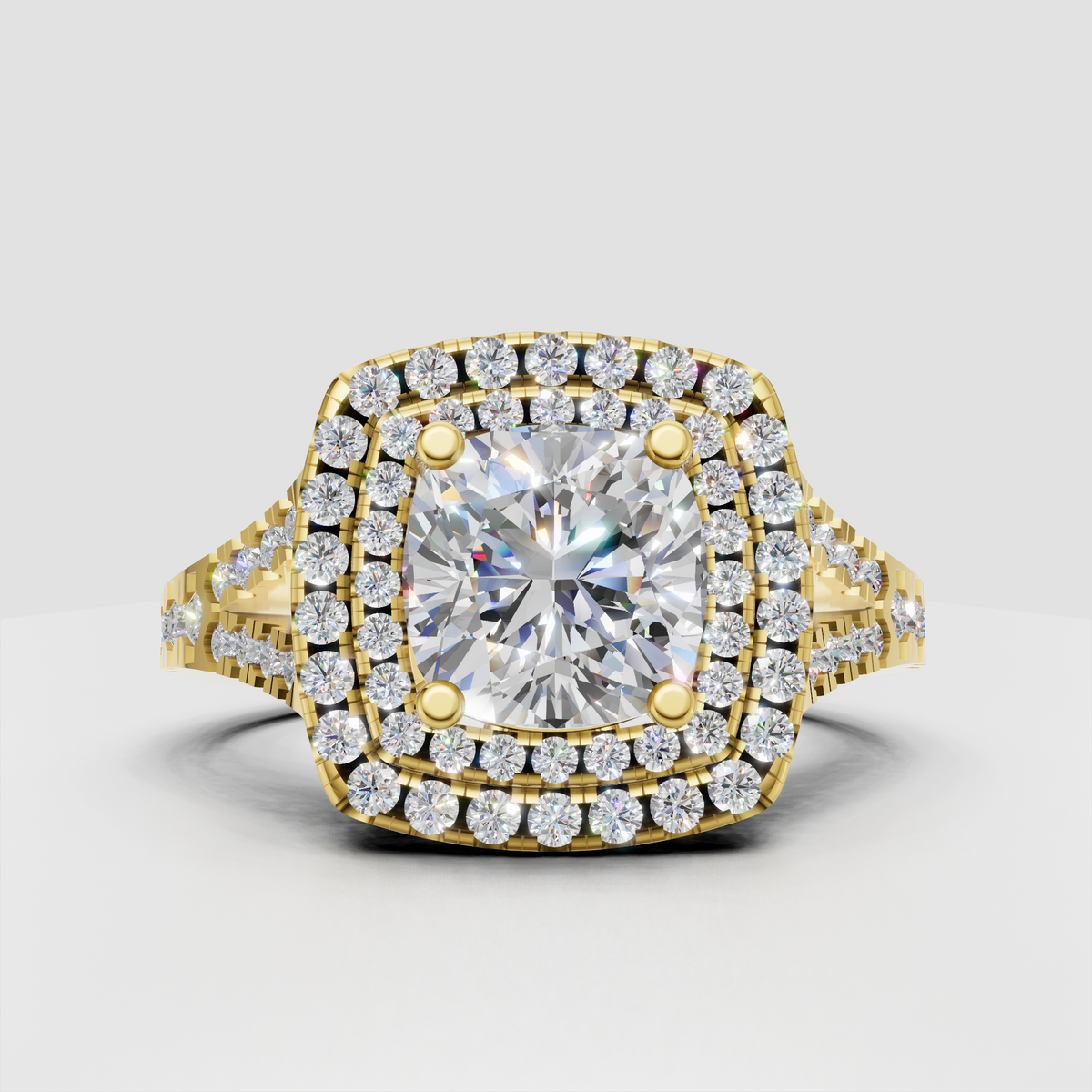Cushion cut diamond double halo cathedral engagement ring