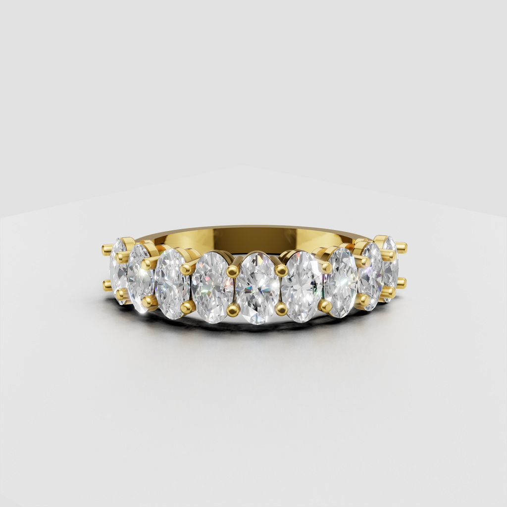 Oval diamond full eternity band ring in polished yellow gold with shared prong setting