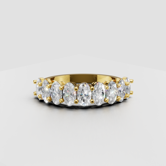 Oval diamond full eternity band ring in polished yellow gold with shared prong setting