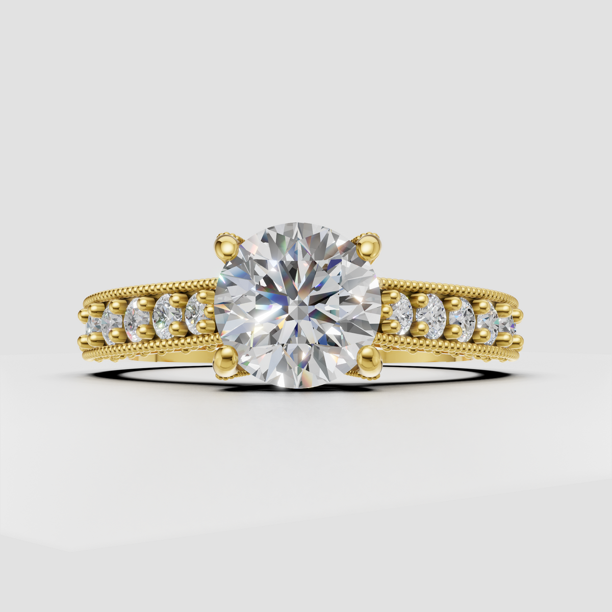 Round cut diamond vintage style engagement ring in yellow gold