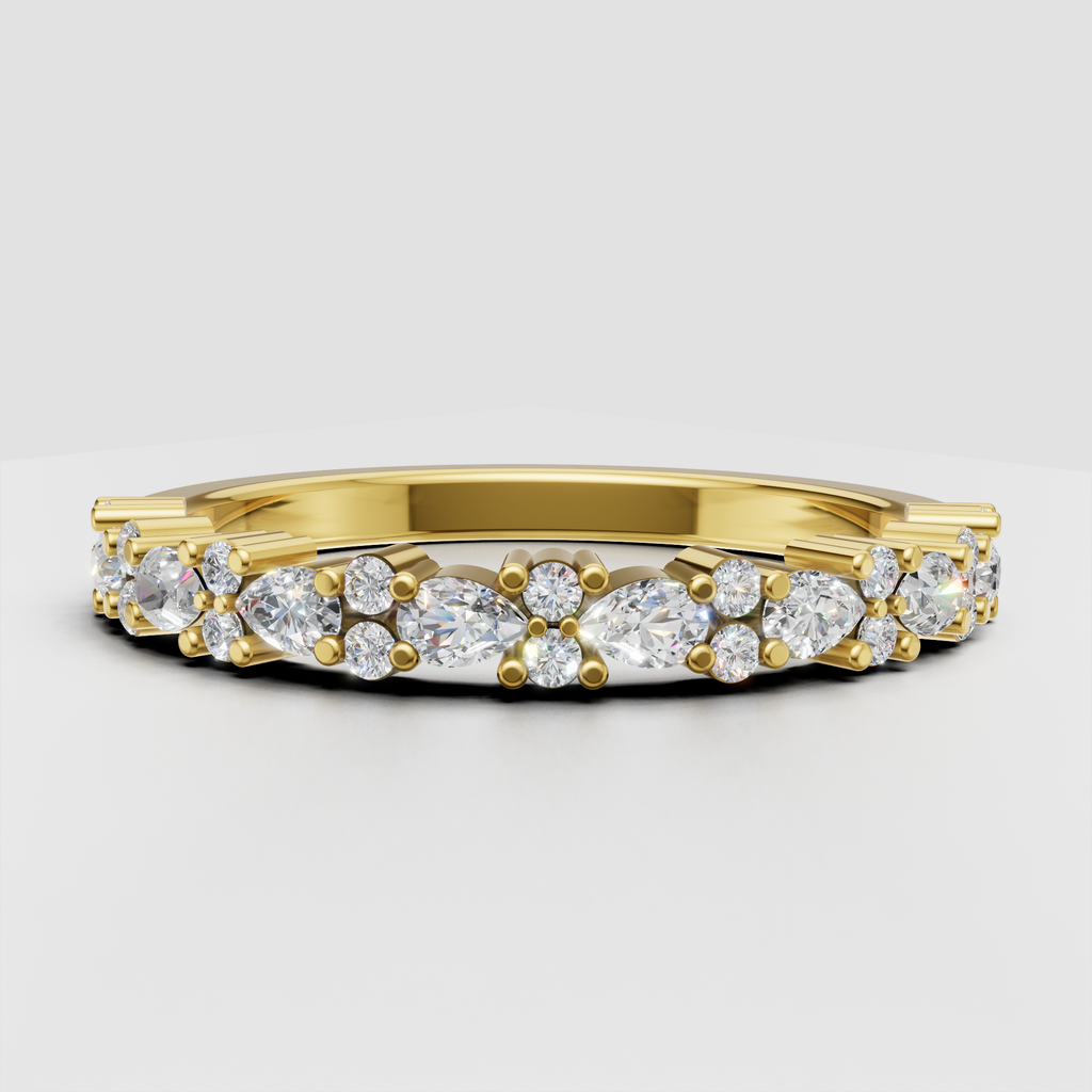 Round and pear cut diamond half eternity wedding band in polished yellow gold