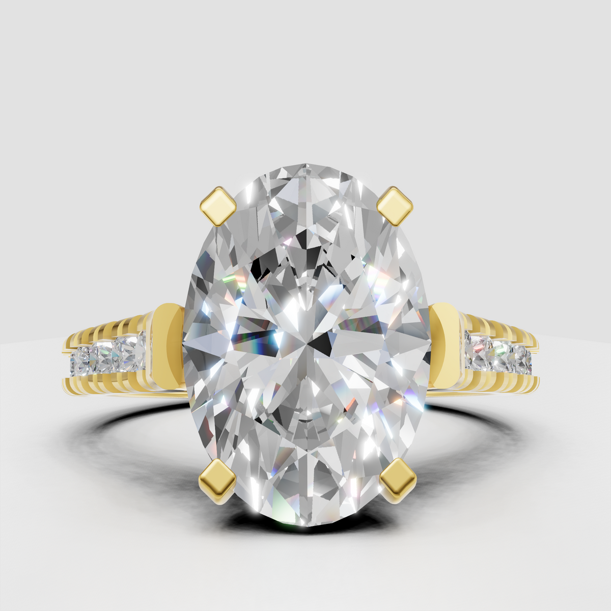 Oval diamond pave cathedral engagement ring with four prongs