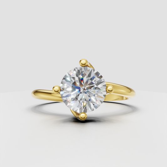 Round diamond crossover engagement ring with four-prong setting