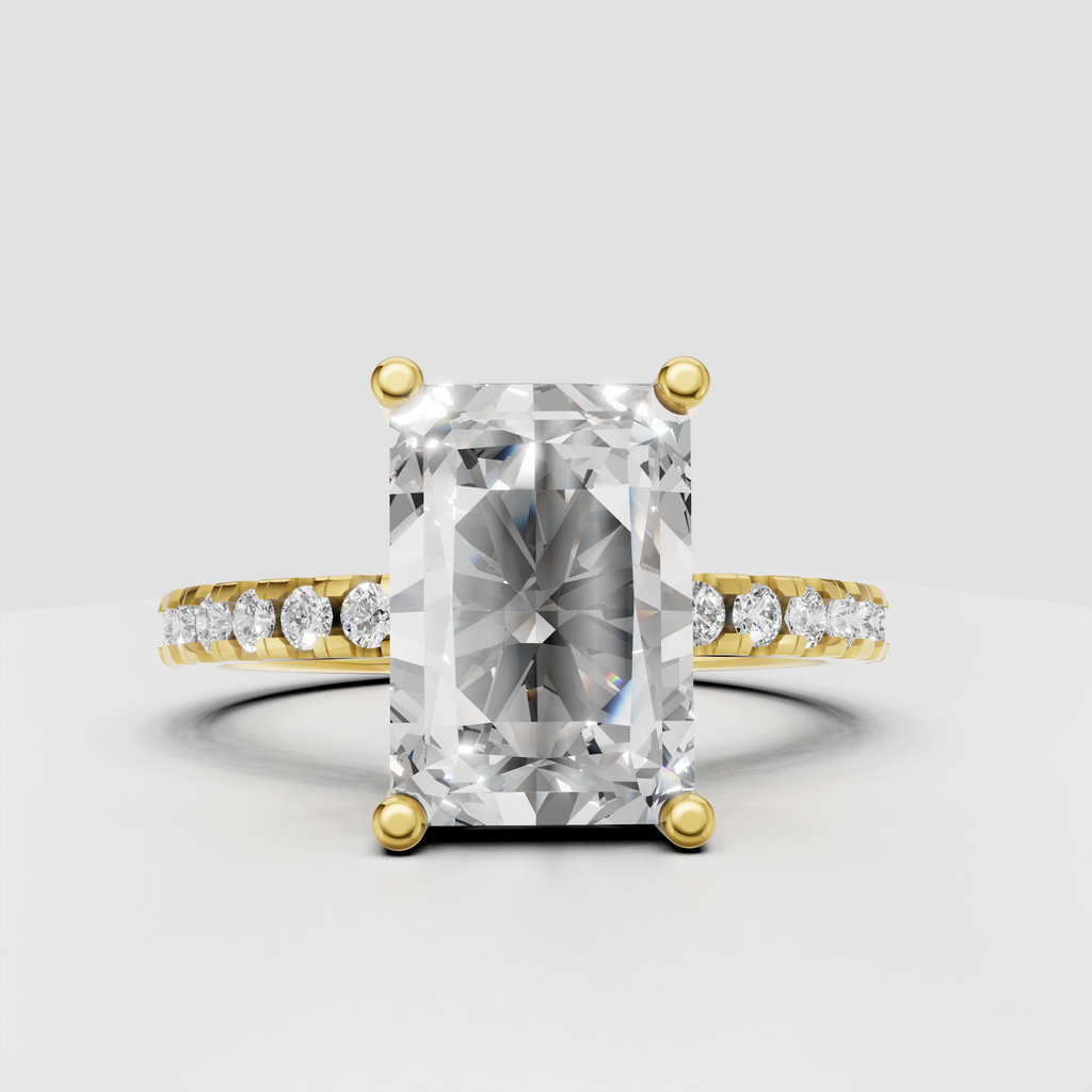 Radiant cut diamond hidden halo engagement ring with polished band