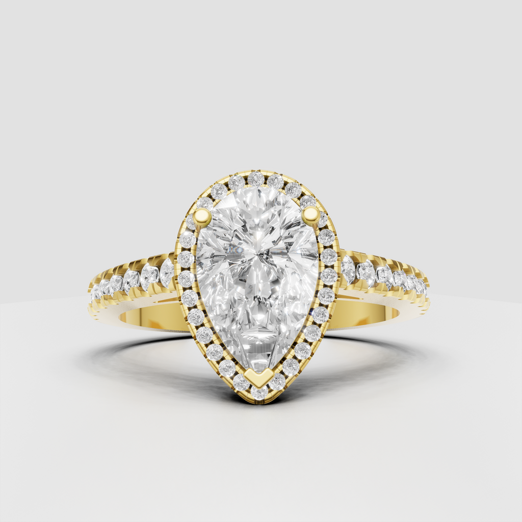 Pear cut diamond halo engagement ring with pave band in yellow gold