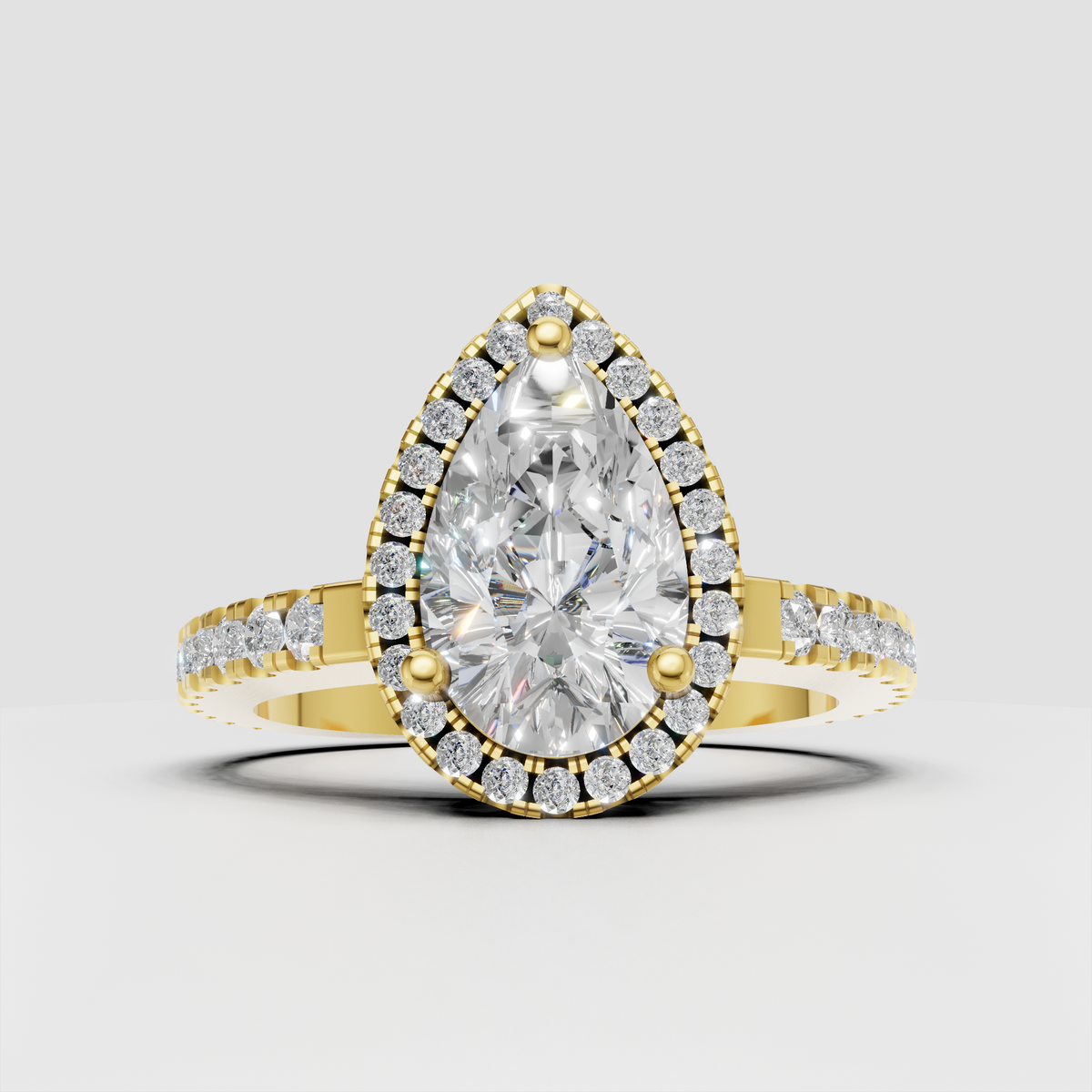 Pear diamond halo pave engagement ring with round accent stones