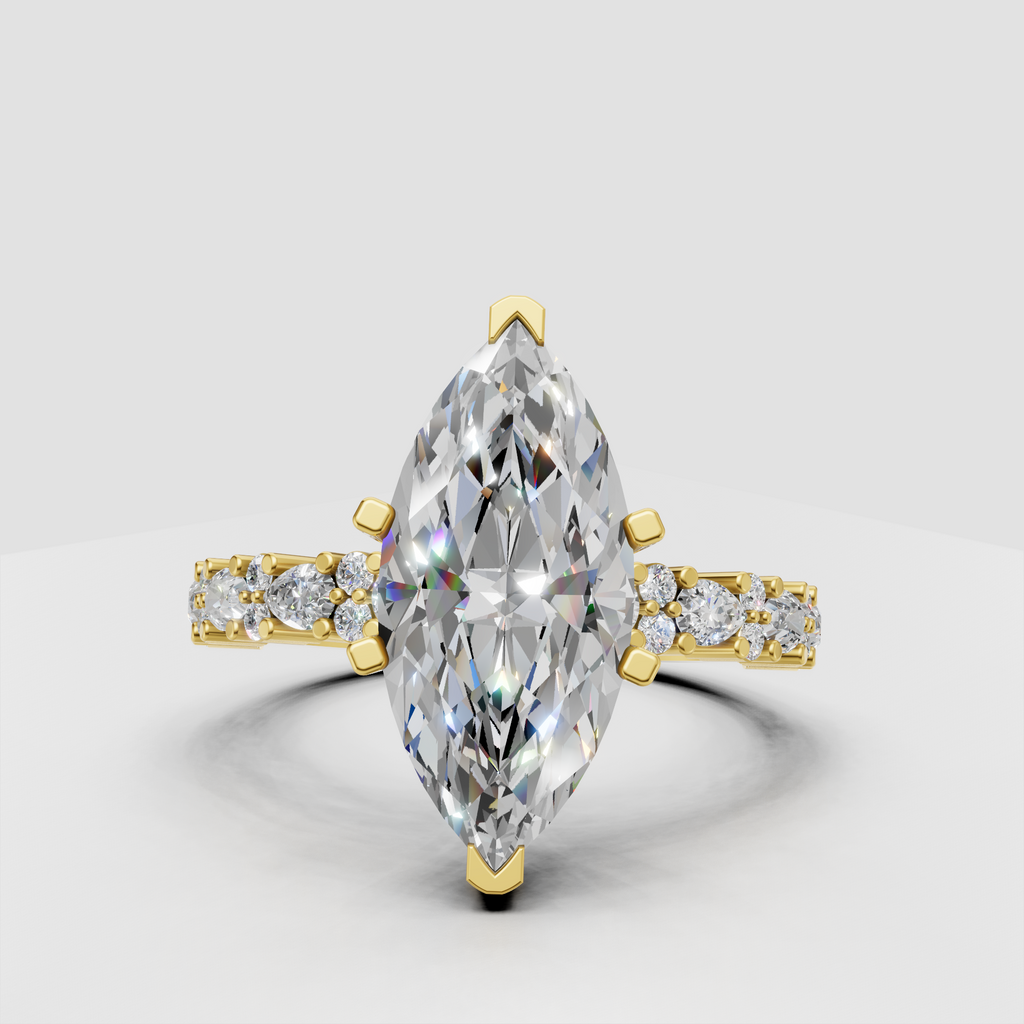 Marquise cut diamond ring with prong setting in polished gold