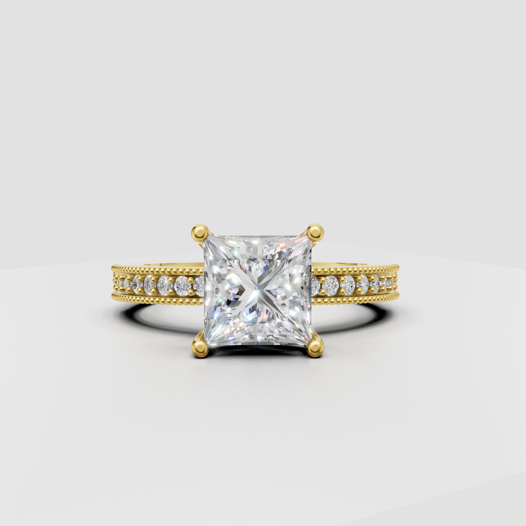 Square princess diamond ring with sparkling round side stones and vintage band